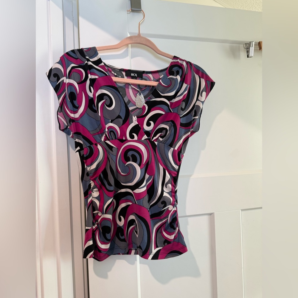 BCX Women's Abstract Swirl Blouse - Pink, Black, and Gray